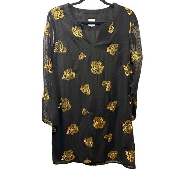 CAbi Dresses & Skirts - Cabi Occasion Dress in Swiss Dot Black Gold  Rose Embroidered Size XS